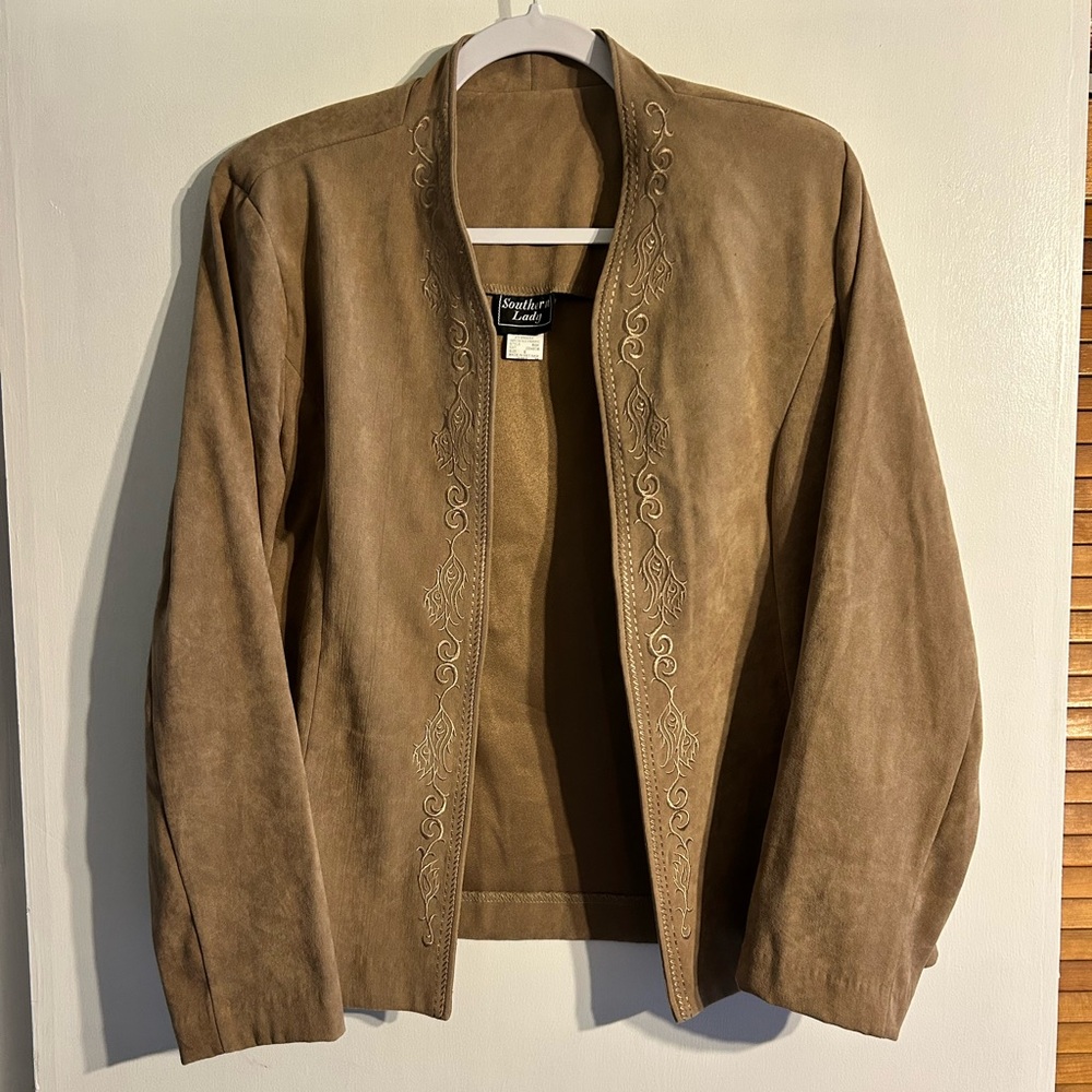 Vintage Southern Lady Brown Suede Leather Embroidered Jacket